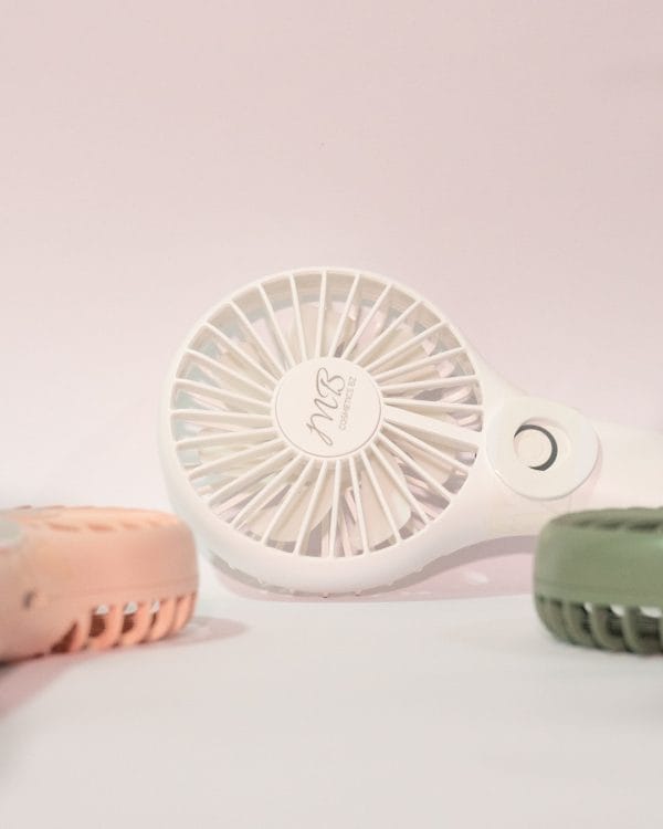 White mini rechargeable makeup fan by MB Cosmetics BZ